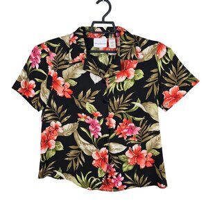 Womens Alfred Dunner Black Coral Floral Blouse Button-Up Short-Sleeve Size 8